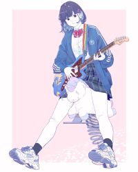 Rule 34 | 1girl, akira 13go, bandaid, bandaid on knee, bandaid on leg, bare legs, black eyes, black hair, black skirt, black socks, blue hair, blue jacket, border, bow, bowtie, breasts, bright pupils, chair, closed mouth, colored inner hair, colored skin, electric guitar, fender stratocaster, full body, guitar, hair ornament, halftone, highres, holding, holding instrument, instrument, jacket, long sleeves, looking at viewer, multicolored hair, music, original, outside border, pink background, plaid, plaid skirt, playing instrument, red bow, red bowtie, rocking chair, shirt, shoe soles, shoes, short hair, simple background, sitting, skirt, small breasts, sneakers, socks, solo, triple vertical stripe, two-tone hair, unicorn, vertical-striped sleeves, white border, white pupils, white shirt, white skin