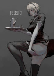 Rule 34 | 1girl, adjusting clothes, adjusting legwear, ass, bags under eyes, black thighhighs, blue eyes, bob cut, cup, dated, dress, female focus, grey background, hairband, highres, holding, holding tray, jittsu, looking at viewer, original, parted lips, short dress, short hair, simple background, solo, teacup, teapot, thighhighs, tray, waitress