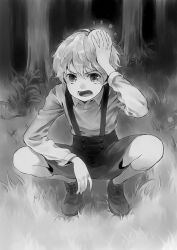 Rule 34 | 1boy, angry, child, collared shirt, commentary request, forest, frown, grass, greyscale, hand on own head, long sleeves, looking at viewer, male focus, moekon, monochrome, nature, open mouth, original, outdoors, shirt, shoes, short hair, shorts, socks, solo, squatting, suspender shorts, suspenders, tree
