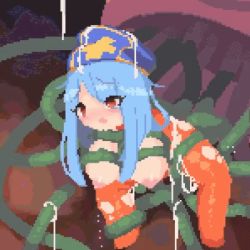 Rule 34 | animated, animated gif, blue hair, breasts squeezed together, breasts, dragon quest, haryu moe, lactation, looping animation, lowres, nipples, pixel art, restrained, tentacles, torn clothes, torn legwear