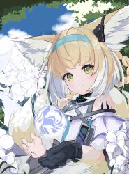 Rule 34 | 1girl, absurdres, animal ear fluff, animal ears, arknights, bare shoulders, black gloves, blue hairband, blue sky, braid, cloud, commentary request, day, flower, fox ears, fox girl, fox tail, gloves, green eyes, hair rings, hairband, highres, light brown hair, looking at viewer, material growth, multicolored hair, orb, oripathy lesion (arknights), shirt, sky, smile, solo, suzuran (arknights), tail, twin braids, two-tone hair, white flower, white hair, white shirt, xinjinjumin328073338111