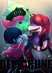 Rule 34 | 2others, androgynous, armlet, axe, black hair, black jacket, blue skin, bracelet, cape, colored skin, copyright name, deltarune, green hat, grey background, hair over eyes, hand up, hat, index finger raised, jacket, jewelry, kris (deltarune), multiple others, pink scarf, ralsei, red cape, scarf, sen1986, sharp teeth, spiked armlet, spiked bracelet, spikes, standing, susie (deltarune), sword, teeth, weapon