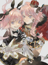 Rule 34 | 2boys, animal ears, astolfo (fate), astolfo (saber) (fate), astolfo (saber) (third ascension) (fate), black bow, black bowtie, black gloves, black thighhighs, bow, bowtie, braid, cape, crown, dress, dual persona, emasrrkn, fake animal ears, fate/apocrypha, fate/grand order, fate (series), fur-trimmed cape, fur trim, gauntlets, gloves, hair bow, highres, holding hands, long hair, multicolored hair, multiple boys, pink hair, purple eyes, rabbit ears, red cape, simple background, skirt, smile, streaked hair, thighhighs, trap, twintails, white background, white hair, wing collar