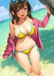 Rule 34 | 1girl, :d, aqua ribbon, bare shoulders, bikini, blue sky, breasts, brown hair, collarbone, commentary request, eyewear on head, horizon, jacket, large breasts, long hair, long sleeves, looking at viewer, navel, ocean, off shoulder, open clothes, open jacket, open mouth, original, pink jacket, purple eyes, ribbon, side-tie bikini bottom, sky, sleeves past wrists, smile, solo, stomach, sunglasses, sunlight, swimsuit, thighs, twinpoo, unzipped, wading, water, wet, yellow bikini