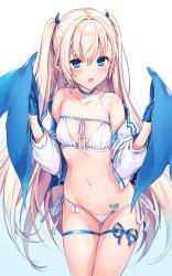 Rule 34 | 1girl, :o, barcode, barcode tattoo, bare shoulders, bikini, blonde hair, blue choker, blue eyes, blue ribbon, blue wings, blush, breasts, choker, commentary, cowboy shot, cross, cross choker, demon girl, demon horns, demon wings, fang, gluteal fold, highres, horns, jacket, komeshiro kasu, long hair, long sleeves, looking at viewer, navel, off shoulder, open clothes, open jacket, open mouth, original, pointy ears, ribbon, side-tie bikini bottom, small breasts, solo, stomach, swimsuit, symbol-only commentary, tattoo, thigh gap, thigh strap, track jacket, twintails, very long hair, white background, white bikini, white jacket, white ribbon, wings