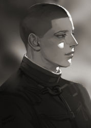 Rule 34 | 1boy, absurdres, blurry, blurry background, buzz cut, expressionless, golden kamuy, greyscale, half-closed eyes, highres, looking ahead, male focus, military, military uniform, monochrome, profile, reman kamuy, short hair, signature, solo, uniform, upper body, usami tokishige, very short hair