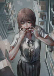 Rule 34 | 1girl, bottle, box, breasts, brown hair, can, cardboard box, collared shirt, drooling, finger in own mouth, frills, grey eyes, highres, jittsu, looking at viewer, original, pleated skirt, saliva, shirt, skirt, solo, teeth, tongue