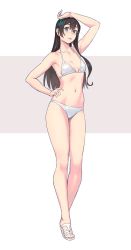 Rule 34 | 1girl, alternate costume, aqua eyes, arm up, bare arms, bare legs, bare shoulders, bikini, black hair, blush, breasts, commentary request, full body, glasses, hairband, halterneck, hand on own hip, highres, kantai collection, long hair, looking at viewer, ooyodo (kancolle), parted lips, semi-rimless eyewear, simple background, skindentation, small breasts, smile, solo, string bikini, swimsuit, two-tone background, white bikini, yuuji (and)
