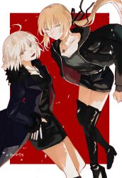 Rule 34 | 2girls, absurdres, ahoge, artoria pendragon (all), artoria pendragon (fate), black dress, black footwear, black jacket, black ribbon, black shirt, black shorts, blonde hair, boots, border, closed mouth, collarbone, commentary request, commission, dress, expressionless, fate/grand order, fate (series), floating hair, fur-trimmed jacket, fur trim, hair between eyes, hair ribbon, hands on own hips, high heel boots, high heels, highres, jacket, jeanne d&#039;arc alter (fate), jeanne d&#039;arc alter (ver. shinjuku 1999) (fate), jewelry, knee boots, long hair, long sleeves, multiple girls, necklace, official alternate costume, open clothes, open jacket, outside border, ponytail, red background, ribbon, saber alter, saber alter (ver. shinjuku 1999) (fate), shirt, short hair, shorts, simple background, smile, twitter username, urtk07, white border, white hair, yellow eyes