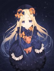 Rule 34 | 1girl, abigail williams (fate), animal ears, bear ears, black bow, black dress, blonde hair, blue eyes, blue hair, bow, dress, fate/grand order, fate (series), floating hair, frilled sleeves, frills, hair bow, holding, holding stuffed toy, long hair, looking at viewer, mitsumi misato, multicolored hair, orange bow, parted bangs, polka dot, polka dot bow, sleeves past wrists, solo, standing, stuffed animal, stuffed toy, teddy bear, two-tone hair, very long hair