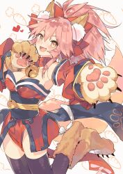 Rule 34 | 1girl, animal ears, animal hands, azuchi, bell, breasts, carrot background, cleavage, collar, fang, fate/grand order, fate (series), fox ears, fox tail, gloves, heart, highres, medium breasts, neck bell, obi, paw gloves, paw shoes, pink hair, ponytail, red collar, sash, smile, tail, tamamo (fate), tamamo cat (fate), thighhighs