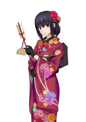 Rule 34 | 1girl, alternate costume, arrow (projectile), black eyes, black gloves, black hair, closed mouth, commentary request, cqqz0707, floral print, flower, gloves, hair between eyes, hair flower, hair ornament, highres, holding, holding arrow, japanese clothes, kimono, kuonji alice, looking at viewer, mahou tsukai no yoru, obi, red flower, red kimono, sash, short hair, simple background, solo, white background, wide sleeves
