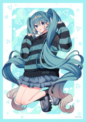 alternate_costume amagi_hana aqua_hair aqua_nails aqua_sweater black_socks black_sweater full_body grey_shoes hands_up hatsune_miku highres jewelry long_hair long_sleeves looking_at_another miniskirt nail_polish necklace pinching_sleeves shoes skirt socks striped_clothes striped_sweater sweater twintails very_long_hair vocaloid