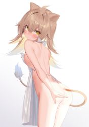 Rule 34 | 1girl, ahoge, animal ears, apron, ass, bad id, bad twitter id, blush, bow, breasts, dress, frills, hair between eyes, highres, indie virtual youtuber, k mugura, lion ears, lion girl, lion tail, long hair, looking at viewer, naked apron, rurudo lion, small breasts, solo, tail, virtual youtuber, white background, white dress, yellow eyes