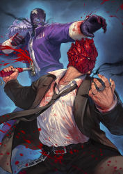 Rule 34 | 1boy, 1girl, absurdres, belt, black belt, black eyes, black gloves, black jacket, black neckwear, black pants, black suit, blood, blood splatter, blood on clothes, bloody weapon, blue background, clenched hand, cowboy shot, dorohedoro, dress shirt, fighting stance, formal, gloves, hammer, hand up, hichi, highres, holding, holding hammer, jacket, korean commentary, long hair, long sleeves, looking away, magic, mask, necktie, noi (dorohedoro), open hand, pants, purple jacket, red eyes, shin (dorohedoro), shirt, stitches, suit, track suit, weapon, white hair, white shirt, wrist wrap