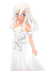 Rule 34 | 1girl, alternate costume, bare shoulders, blue eyes, cosplay, dated, dress, feet out of frame, flat chest, flower, fubuki (kancolle), fubuki (kancolle) (cosplay), hair flower, hair ornament, hand on own chest, kantai collection, off-shoulder dress, off shoulder, one-hour drawing challenge, one-piece tan, ray.s, ro-500 (kancolle), simple background, solo, tan, tanline, twitter username, white background, white dress, white hair
