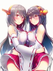 Rule 34 | 2girls, bare shoulders, black hair, blush, breast press, breasts, brown eyes, detached sleeves, dual persona, hair ornament, hairclip, haruna (kancolle), headgear, highres, kantai collection, long hair, looking at viewer, medium breasts, multiple girls, parted lips, red skirt, remodel (kantai collection), ribbon-trimmed skirt, ribbon-trimmed sleeves, ribbon trim, simple background, skirt, smile, swept bangs, symmetrical docking, tsukui kachou, white background