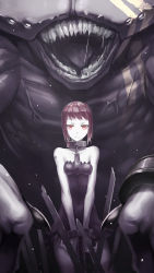 Rule 34 | 1girl, absurdres, barcode tattoo, bare shoulders, bound, bound arms, bound wrists, chain, closed mouth, collar, collarbone, colored skin, cuffs, dress, eyebrows, highres, limited palette, looking at viewer, monster, open mouth, original, red eyes, red hair, shackles, shizuoxing kof, shoulder tattoo, standing, strapless, strapless dress, tattoo, teeth, veins, white skin, worried