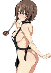 Rule 34 | 10s, 1girl, apron, ass, black apron, breasts, brown eyes, brown hair, butt crack, cleavage, closed mouth, cowboy shot, from side, girls und panzer, highres, ladle, looking at viewer, looking to the side, medium breasts, nakahira guy, naked apron, nishizumi maho, panties, short hair, sideboob, solo, soup ladle, striped clothes, striped panties, underwear