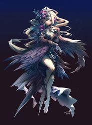 Rule 34 | 1girl, 2017, bare shoulders, barefoot, blonde hair, bracelet, breasts, cleavage, closed mouth, dated, dress, feathers, flower, gradient background, highres, jewelry, long hair, mesme, original, pointy ears, purple flower, red eyes, smile, transparent, wings