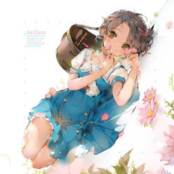 Rule 34 | 1girl, akizero1510, artist name, backpack, bag, blue dress, blush, bow, bowtie, bra strap, brown eyes, brown hair, buttons, closed mouth, clothes lift, commentary, double-breasted, dress, english commentary, flower, flower request, full body, hair bow, high-waist skirt, highres, holding, holding flower, looking at viewer, lying, on side, original, parted bangs, pink bow, sailor collar, short hair, short sleeves, skirt, skirt lift, smile, solo, uniform, unworn backpack, unworn bag, white bow, white bowtie