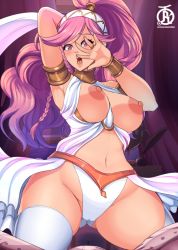 Rule 34 | 1boy, 1girl, arm behind head, armpits, braid, breasts, covering face, curvy, fire emblem, fire emblem awakening, functionally nude, kneeling, large breasts, long hair, looking at viewer, navel, nintendo, nipples, olivia (fire emblem), open mouth, pink hair, ponytail, pov, revolverwing, robin (fire emblem), robin (male) (fire emblem), thick thighs, thighhighs, thighs