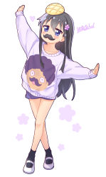 Rule 34 | 1girl, arm up, black hair, black socks, blue eyes, blue shorts, blush, bread, commentary, crossed legs, fake facial hair, fake mustache, floral background, food, food on head, full body, hair between eyes, higero (wataten), jigatei (omijin), long hair, long sleeves, looking at viewer, melon bread, object on head, outstretched arm, print sweater, puffy long sleeves, puffy sleeves, purple sweater, shirosaki hana, shoes, short shorts, shorts, simple background, sleeves past wrists, socks, solo, standing, sweater, uwabaki, very long hair, watashi ni tenshi ga maiorita!, white background, white footwear