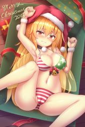 Rule 34 | 1girl, american flag bikini, american flag print, armpits, bikini, blonde hair, blush, box, breasts, cameltoe, christmas, cleavage, cleft of venus, clownpiece, commentary request, fairy, fairy wings, flag print, gift, gift box, grin, hat, highres, in box, in container, long hair, lying, medium breasts, on back, open box, print bikini, red eyes, santa hat, shiratsuki shiori, smile, solo, swimsuit, touhou, twitter username, wings