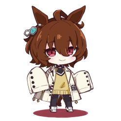 Rule 34 | 1girl, agnes tachyon (umamusume), ahoge, animal ears, black neckwear, black pantyhose, black shirt, blush, boots, brown hair, chibi, closed mouth, collared shirt, colored shadow, commentary request, full body, hair between eyes, horse ears, horse girl, horse tail, lab coat, long sleeves, looking at viewer, nozo (hitomiz), open clothes, pantyhose, red eyes, shadow, shirt, sleeves past fingers, sleeves past wrists, smile, solo, standing, sweater vest, tail, umamusume, white background, white footwear