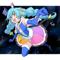 Rule 34 | 1girl, :d, animal ear fluff, animal ears, black neckwear, blue footwear, blue gloves, blue hair, blue hat, blue shirt, boots, braid, cat ears, choker, cure cosmo, earrings, elbow gloves, extra ears, full body, gloves, hat, highres, jewelry, long hair, looking at viewer, magical girl, mini hat, mini top hat, multicolored clothes, multicolored hair, multicolored skirt, open mouth, orange eyes, paw pose, pink hair, precure, rainbow skirt, shirt, skirt, sleeveless, sleeveless shirt, smile, solo, star twinkle precure, thigh boots, thighhighs, top hat, twin braids, two-tone hair, uraki, yuni (precure)