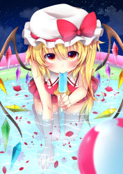 Rule 34 | 1girl, all fours, ascot, blonde hair, blush, bow, crystal, flandre scarlet, flat chest, flower, hat, hat bow, highres, mob cap, mouth hold, night, popsicle, red eyes, rose, sisterakuma, solo, touhou, wading, wading pool, wings