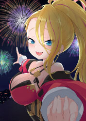 Rule 34 | 1girl, bare shoulders, blonde hair, blue archive, blue eyes, braid, breasts, commentary request, fireworks, halo, happy, highres, jakomurashi, japanese clothes, large breasts, long hair, pina (blue archive), pointing, ponytail, side braid, simple background, single braid, smile, solo, very long hair, weapon