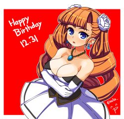 Rule 34 | 1girl, ^p^, arcana heart, arcana heart 2, bare shoulders, blue eyes, blue pupils, braid, breasts, cleavage, collarbone, corset, dress, drill hair, earrings, elbow gloves, eyebrows, eyelashes, facing away, flower, gem, gloves, hair flower, hair ornament, happy birthday, heart, heart-shaped pupils, hida naria, jewelry, long hair, medium breasts, necklace, open mouth, orange hair, outline, petra johanna lagerkvist, rose, short dress, single hair intake, solo, strapless, strapless dress, symbol-shaped pupils, twin braids, twin drills, twitter username, white dress, white flower, white gloves, white outline, white rose