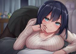 Rule 34 | 1boy, 1girl, alcohol, beer can, blue eyes, blue hair, blurry, blurry background, breasts, brown sweater, can, collarbone, drink can, drunk, green skirt, hair ornament, hairclip, highres, kantai collection, kiritto, large breasts, long sleeves, looking at viewer, medium hair, official alternate costume, official alternate hairstyle, pantyhose, pov, ribbed sweater, skirt, solo focus, souryuu (kancolle), sweater, tongue, tongue out
