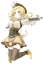 Rule 34 | 10s, 1girl, blonde hair, boots, breasts, drill hair, full body, gun, himura kiseki, jumping, large breasts, looking at viewer, magical girl, magical musket, mahou shoujo madoka magica, mahou shoujo madoka magica (anime), monochrome, over shoulder, simple background, skirt, solo, thighhighs, tomoe mami, weapon, weapon over shoulder, yellow eyes, zettai ryouiki