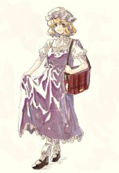Rule 34 | 1girl, absurdres, bag, black footwear, blonde hair, closed mouth, dress, frilled hat, frills, full body, hat, highres, looking at viewer, maribel hearn, mary janes, mob cap, oftooon, puffy short sleeves, puffy sleeves, purple dress, purple eyes, shirt, shoes, short hair, short sleeves, shoulder bag, skirt hold, smile, socks, solo, standing, touhou, white hat, white shirt, white socks, yellow background