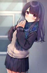 Rule 34 | 1girl, black hair, black shirt, black skirt, blue scarf, blush, cardigan vest, closed mouth, commentary request, fringe trim, hands up, highres, long hair, long sleeves, looking at viewer, minami saki, original, own hands together, palms together, plaid, plaid scarf, pleated skirt, puffy long sleeves, puffy sleeves, red eyes, scarf, shirt, skirt, sleeves past wrists, solo, window