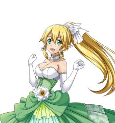 Rule 34 | 1girl, blonde hair, bow, braid, breasts, choker, cleavage, collarbone, dress, elbow gloves, floating hair, flower, gloves, green eyes, hair bow, hair ribbon, high ponytail, large breasts, layered dress, leafa, long hair, pointy ears, ribbon, shiny skin, sleeveless, sleeveless dress, solo, standing, strapless, strapless dress, sword art online, transparent background, twin braids, very long hair, white flower, white gloves, white ribbon