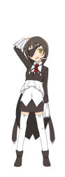 Rule 34 | 10s, 1girl, arm up, brown hair, eyepatch, kure kirika, llio, long sleeves, mahou shoujo madoka magica, mahou shoujo oriko magica, necktie, official style, red necktie, scratching head, short hair, simple background, sleeves past wrists, smile, solo, standing, thighhighs, underbust, white background, white thighhighs, zettai ryouiki
