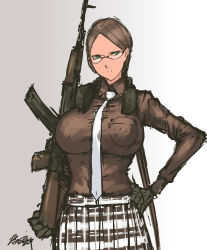 Rule 34 | 1girl, ak-47, aqua eyes, assault rifle, black gloves, breasts, brown hair, ear protection, glasses, glasses girl (nameo), gloves, gun, hand on own hip, highres, kalashnikov rifle, large breasts, long hair, low twintails, nameo (judgemasterkou), necktie, original, parted bangs, plaid, plaid skirt, rifle, semi-rimless eyewear, shirt, skirt, smile, solo, taut clothes, taut shirt, twintails, under-rim eyewear, weapon, weapon request, white necktie