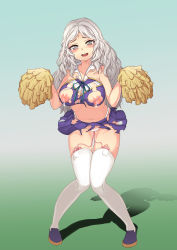 Rule 34 | 1girl, absurdres, bad id, bad pixiv id, beatrice (crusaders quest), blush, breasts, cheerleader, crusaders quest, full body, grey eyes, highres, lactation, large breasts, leaning forward, long hair, looking at viewer, nipples, open mouth, pom pom (cheerleading), pussy juice, sex toy, silver hair, smile, solo, standing, thighhighs, torn clothes, vibrator, vibrator in thighhighs, white thighhighs, yahankkwo