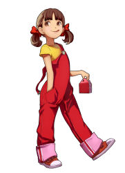 Rule 34 | 1girl, :q, bow, brown eyes, brown hair, child, fujiya, hair bow, hand in pocket, hide (hideout), overalls, peko-chan, red overalls, shoes, short twintails, simple background, smile, sneakers, solo, suspenders, suspenders hanging, suspenders slip, tongue, tongue out, twintails, white background