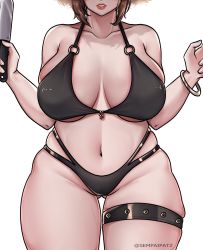 Rule 34 | 1girl, absurdres, artist name, bare shoulders, bikini, black bikini, bracelet, breasts, brown hair, collarbone, gluteal fold, guardian tales, head out of frame, highres, holding, holding knife, jewelry, knife, large breasts, medium hair, navel, o-ring, o-ring top, out of frame, sempaipatz, skindentation, sleeveless, solo, summer innkeeper loraine, swimsuit, thighlet, thighs, white background