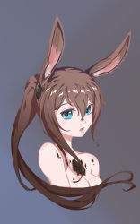 Rule 34 | 1girl, absurdres, amiya (arknights), animal ears, arknights, blue eyes, brown hair, cropped torso, eyebrows hidden by hair, gradient background, grey background, hair between eyes, hair censor, highres, long hair, looking at viewer, lunn, material growth, nude, open mouth, oripathy lesion (arknights), ponytail, rabbit ears, solo, upper body