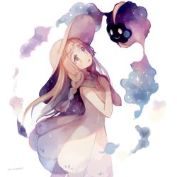 Rule 34 | 1girl, :d, bad id, bad twitter id, bare arms, blonde hair, braid, cosmog, creatures (company), dress, game freak, gen 7 pokemon, green eyes, hat, legendary pokemon, lillie (pokemon), long hair, looking at another, miu pachi, nintendo, open mouth, pokemon, pokemon (creature), pokemon sm, simple background, sleeveless, sleeveless dress, smile, sun hat, twin braids, white background, white dress, white hat