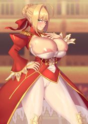 Rule 34 | 1girl, ahoge, areola slip, blonde hair, breasts, bursting breasts, censored, cleavage, closed mouth, covered erect nipples, dress, epaulettes, fate/extra, fate (series), green eyes, hair ribbon, hand on own hip, huge breasts, looking at viewer, mosaic censoring, nero claudius (fate), nero claudius (fate) (all), nero claudius (fate/extra), no panties, pussy, red ribbon, ribbon, see-through, short hair, smile, solo, standing, sweat, zheng
