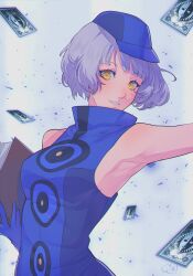 Rule 34 | 1girl, absurdres, armpits, bare shoulders, blue dress, blue gloves, blue hat, bob cut, book, breasts, cabbie hat, card, commentary, dress, elizabeth (persona), english commentary, floating hair, gloves, grey hair, grin, hat, highres, holding, holding book, kokomi (aniesuakkaman), looking at viewer, medium breasts, persona, persona 3, short hair, sleeveless, sleeveless dress, smile, solo, yellow eyes