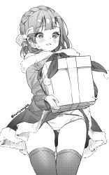 Rule 34 | 1girl, accidental exposure, bare shoulders, blush, bow, bow panties, box, braid, crown braid, dress, fur-trimmed dress, fur trim, gift, gift box, gluteal fold, greyscale, groin, hair bow, holding, holding gift, idolmaster, idolmaster million live!, kuri choko, monochrome, nanao yuriko, off-shoulder dress, off shoulder, panties, parted lips, santa costume, simple background, skirt caught on object, solo, striped, striped bow, sweat, thigh gap, thighhighs, twitter username, underwear, white background