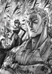 Rule 34 | 1boy, 1girl, adam&#039;s apple, arm at side, breasts, closed mouth, collarbone, collared dress, collared shirt, commentary, covered navel, debris, destruction, dress, energy, english commentary, fubuki (one-punch man), glowing, glowing eye, greyscale, hair slicked back, hand on own hip, high collar, highres, impossible clothes, impossible dress, king (one-punch man), lips, long dress, long sleeves, manly, monochrome, one-punch man, pectorals, scar, scar across eye, scar on face, serious, shirt, short hair, sound effects, telekinesis, the golden smurf, v-shaped eyebrows, wing collar