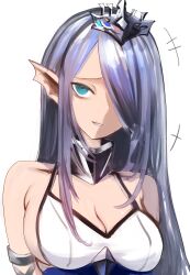 Rule 34 | 1girl, absurdres, asaki (asaki vision), blue dress, breasts, cleavage, collar, dress, duel monster, green eyes, grey hair, grin, highres, looking at viewer, medium breasts, one eye covered, pointy ears, sideboob, smile, solo, tearlaments havnis, tiara, torso, white background, yu-gi-oh!
